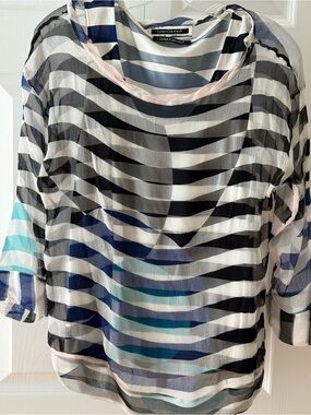 Luisa Cerano Sheer Striped Black & Blue Scoop-Neck Blouse silk two layered
